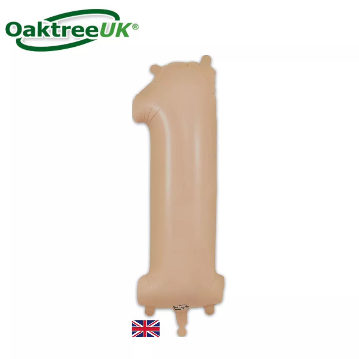 Oaktree matte nude foil balloon in the shape of the number 1, 34 inches tall, with a shiny metallic finish.