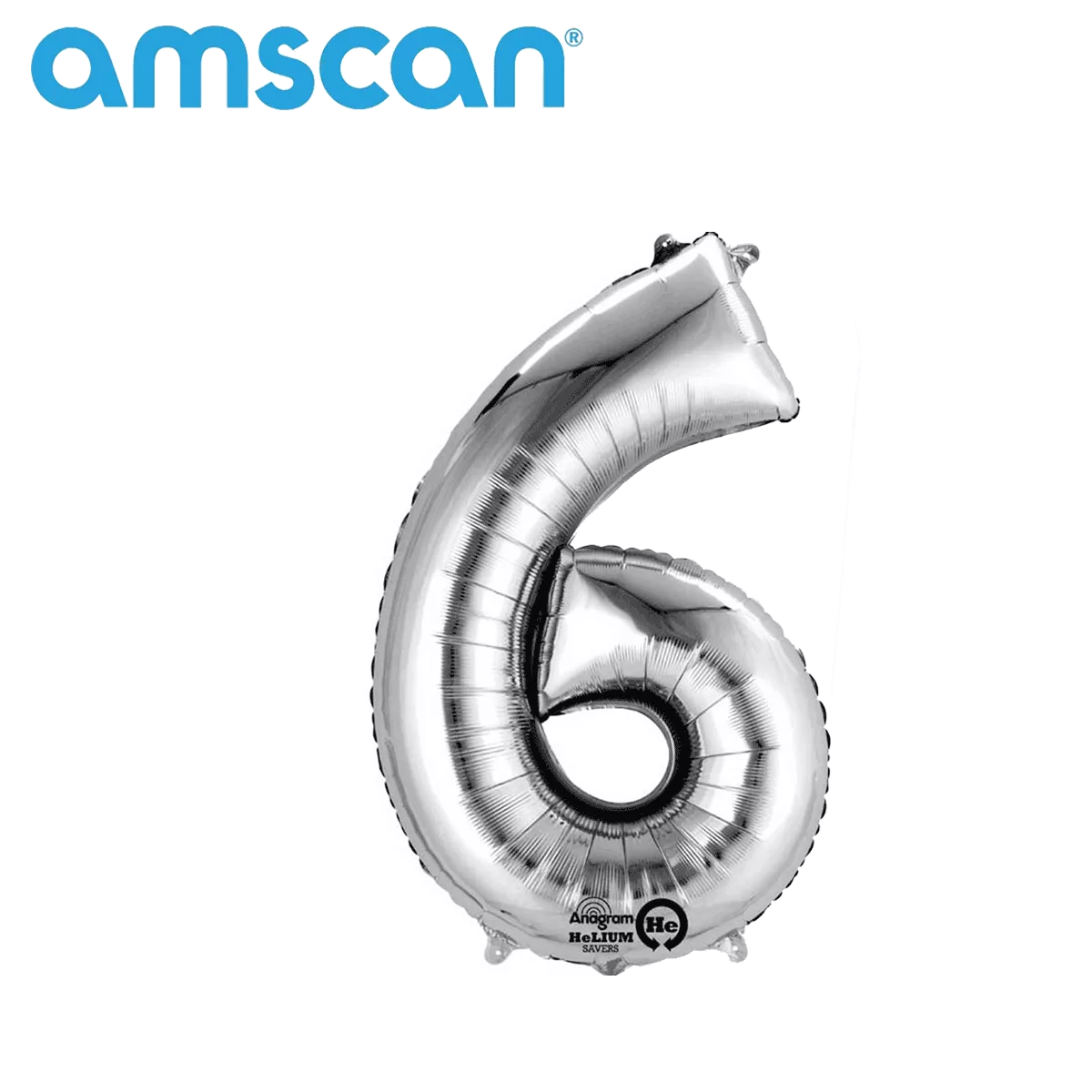 Silver 16-inch Anagram foil balloon shaped as the number 6, with shiny metallic finish for celebrations and events.