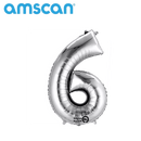 Silver 16-inch Anagram foil balloon shaped as the number 6, with shiny metallic finish for celebrations and events.