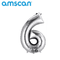 Silver 16-inch Anagram foil balloon shaped as the number 6, with shiny metallic finish for celebrations and events.