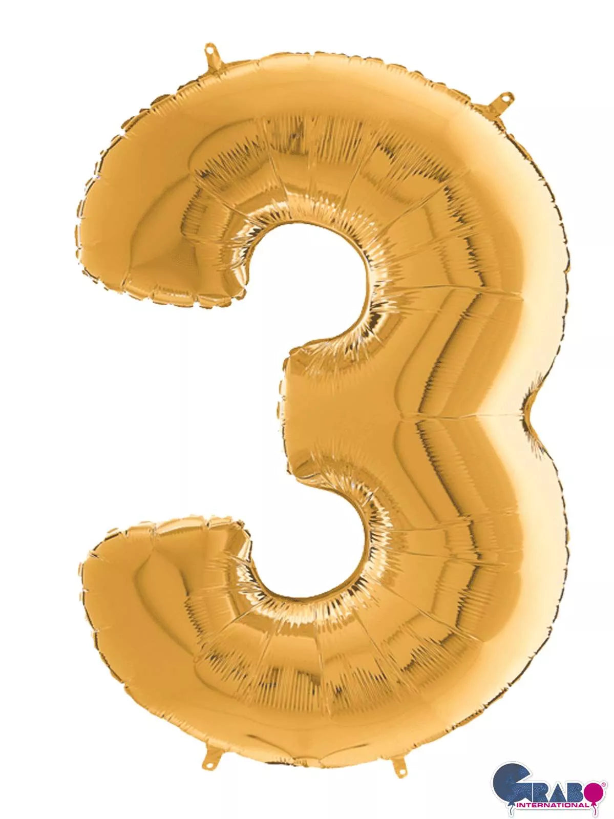 Gold Grabo foil balloon in the shape of the number 3, 26 inches tall, shiny metallic finish for celebrations and events.