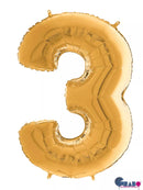 Gold Grabo foil balloon in the shape of the number 3, 26 inches tall, shiny metallic finish for celebrations and events.