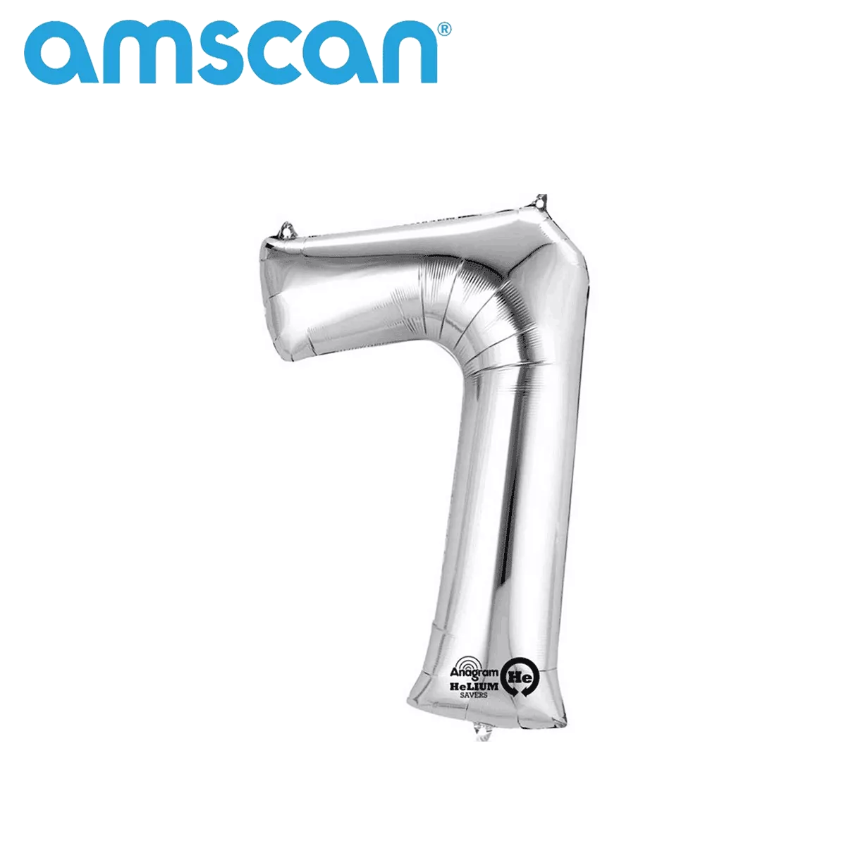 Silver 16-inch Anagram foil balloon shaped as the number 7, shiny metallic finish, floating against a plain background.