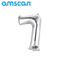 Silver 16-inch Anagram foil balloon shaped as the number 7, shiny metallic finish, floating against a plain background.