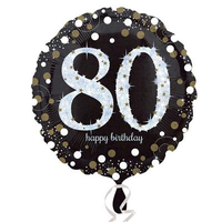 Black and gold 80th birthday foil balloon, 18-inch round celebration balloon by Anagram, featuring festive birthday design.