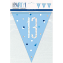 Blue Glitz Age 13 banner by Unique, 9-foot flag banner with shiny, decorative design for birthday celebrations.