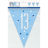 Blue Glitz Age 13 banner by Unique, 9-foot flag banner with shiny, decorative design for birthday celebrations.