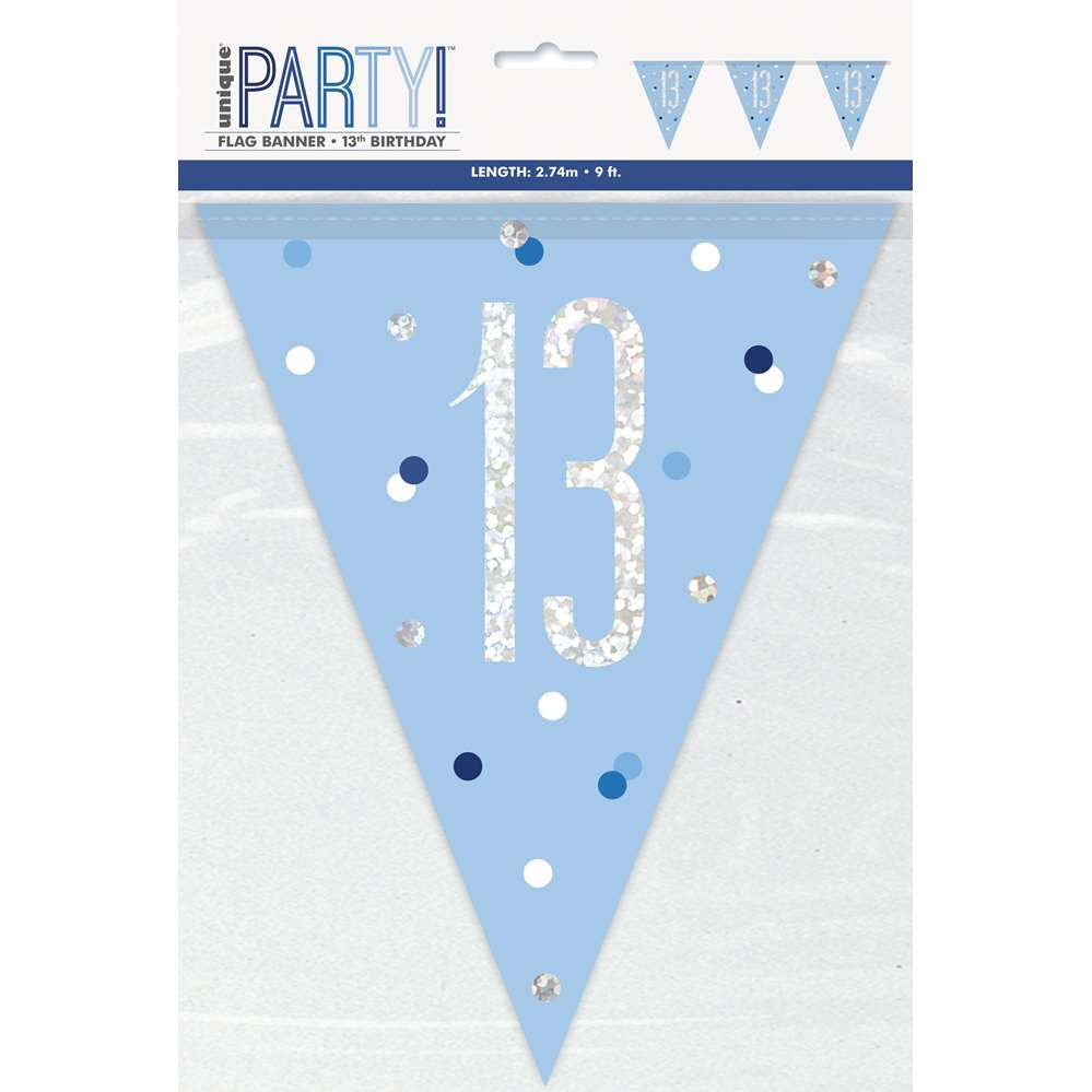 Blue Glitz Age 13 banner by Unique, 9-foot flag banner with shiny, decorative design for birthday celebrations.