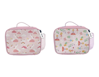 Colorful unicorn and fairy lunch bags by Gem Imports, 23x28x9cm, featuring vibrant fairy and unicorn designs on fabric.