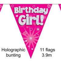 Bunting 11 Flags Pink Holographic Birthday Girl