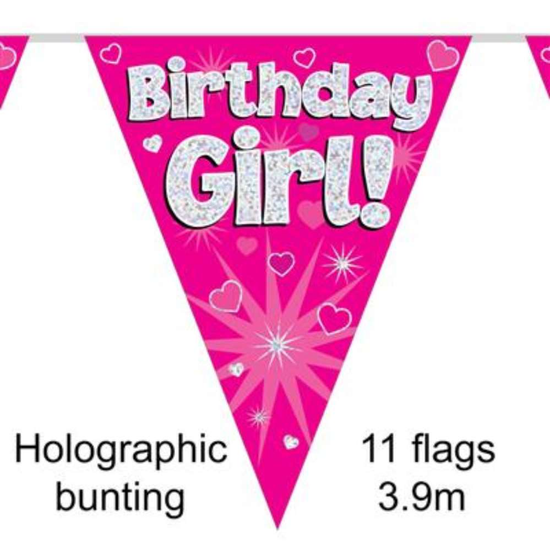 Bunting 11 Flags Pink Holographic Birthday Girl
