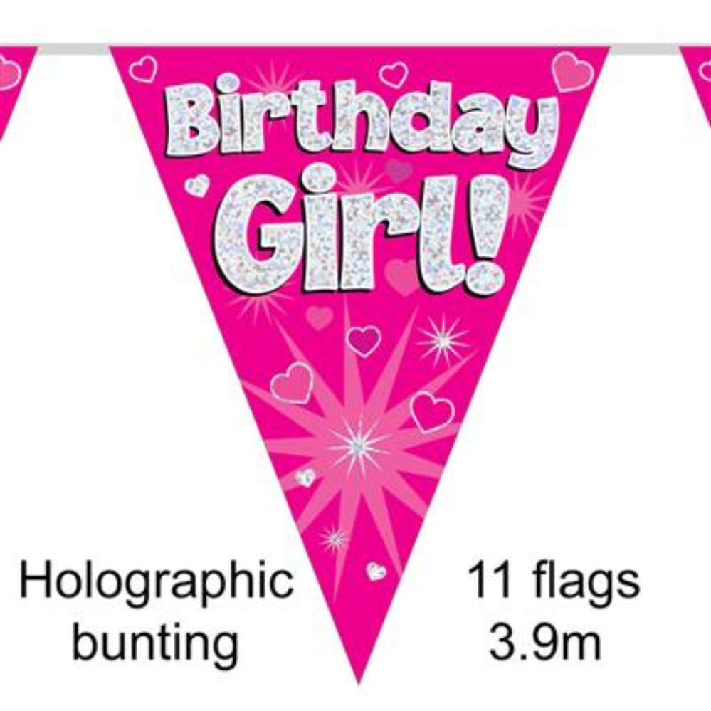 Bunting 11 Flags Pink Holographic Birthday Girl