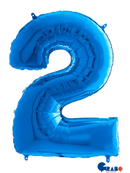 Blue 26-inch Grabo foil balloon shaped as the number 2, shiny metallic surface with reflective highlights.