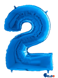 Blue 26-inch Grabo foil balloon shaped as the number 2, shiny metallic surface with reflective highlights.
