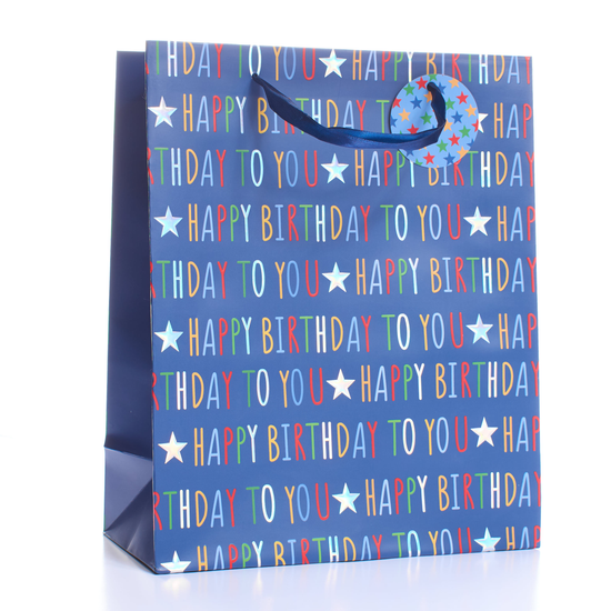 Gift Bag Blue Birthday Text Large 6pk