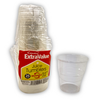 Set of 25 Essential 7.7oz juice tumblers, clear drinkware with a smooth cylindrical shape, perfect for beverages.