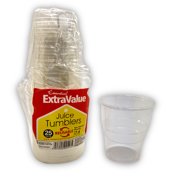 Set of 25 Essential 7.7oz juice tumblers, clear drinkware with a smooth cylindrical shape, perfect for beverages.