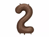 PartyDeco foil balloon in satin mocha color, shaped as the number 2, measuring 34 inches tall, perfect for celebrations.