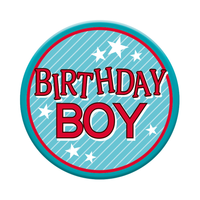 Six small birthday-themed badges by Tiger Feet, featuring open design with festive graphics for celebration or decoration.