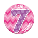 Six small birthday badges featuring age 7 from Tiger Feet, with colorful designs and numbers suitable for celebration accessories.
