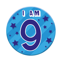 Six small Tiger Feet birthday badges featuring the age 9, perfect for birthday celebrations and party accessories.