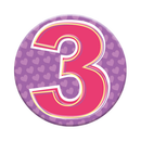 Six small Birthday Age 3 badges by Tiger Feet featuring colorful, fun designs for children's birthday celebrations.