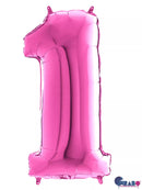 Pink 26-inch Grabo foil number 1 balloon inflated and floating, ready for celebration or decoration.