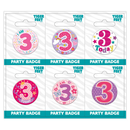 Six small Tiger Feet birthday badges featuring age 3 designs, perfect for party decorations or celebrations.