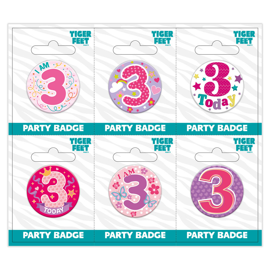 Six small Tiger Feet birthday badges featuring age 3 designs, perfect for party decorations or celebrations.