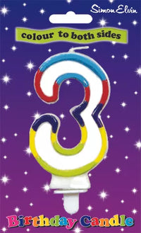 Simon Elvin glitter number 3 party candle with multicolour glitter finish, perfect for celebrations and birthday cakes.