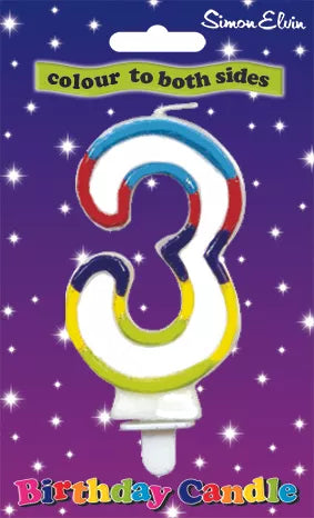 Simon Elvin glitter number 3 party candle with multicolour glitter finish, perfect for celebrations and birthday cakes.