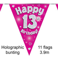 Pink holographic birthday bunting with 11 flags displaying the number 13, from Oaktree, perfect for celebrating special ages.