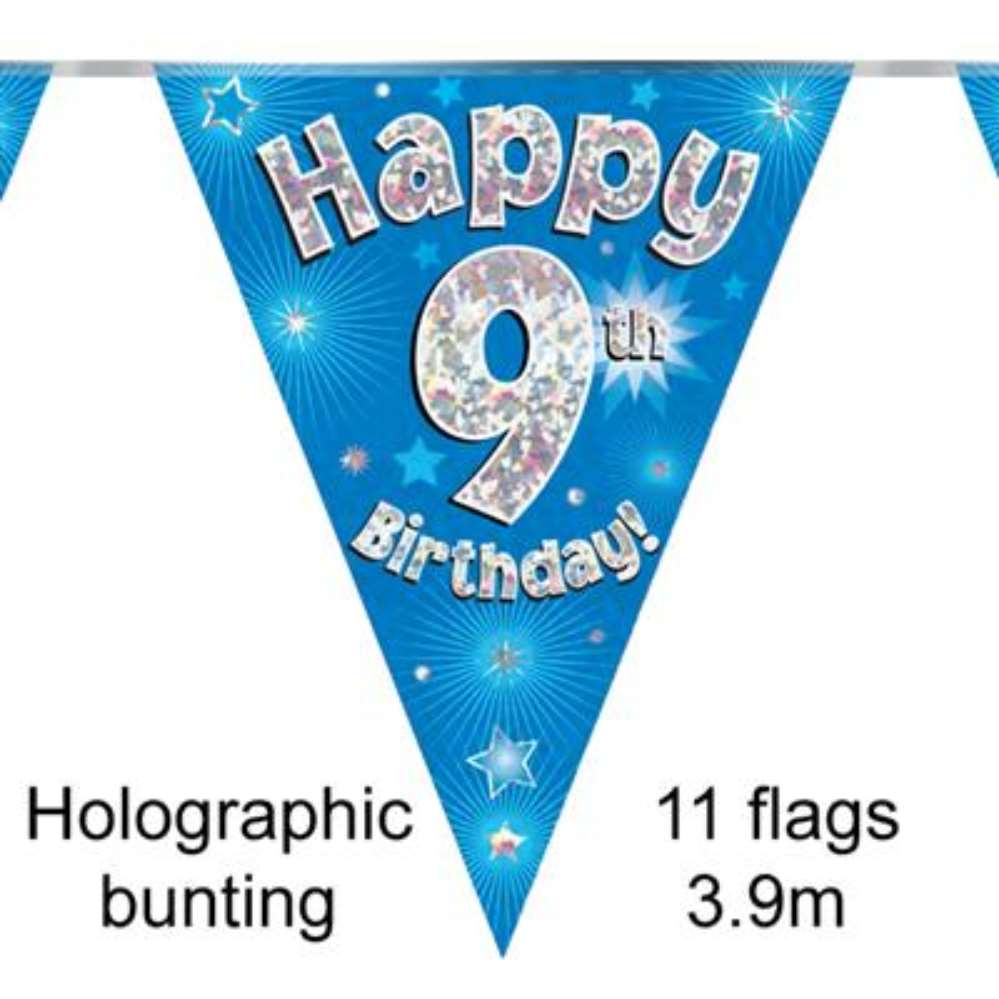 Oaktree blue holographic birthday bunting with 11 flags, featuring the number 9 for celebration decorations