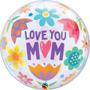 Qualatex Bubble Balloon with "Love You Mum" and floral design, 22-inch round helium balloon for special occasions.