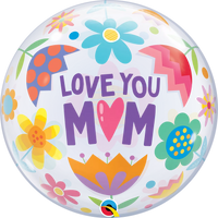 Qualatex Bubble Balloon with "Love You Mum" and floral design, 22-inch round helium balloon for special occasions.