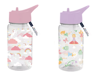 Set of two 400ml Gem Imports unicorn and fairy themed drink bottles, colorful reusable drinkware for kids.