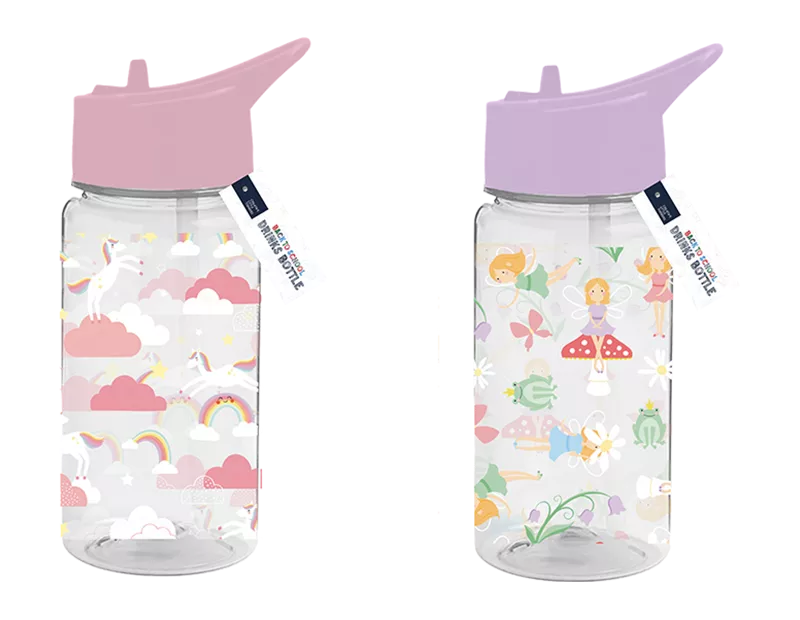 Set of two 400ml Gem Imports unicorn and fairy themed drink bottles, colorful reusable drinkware for kids.