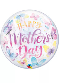 Qualatex Mother's Day Butterfly 22-inch bubble balloon with colorful butterfly design on a transparent background