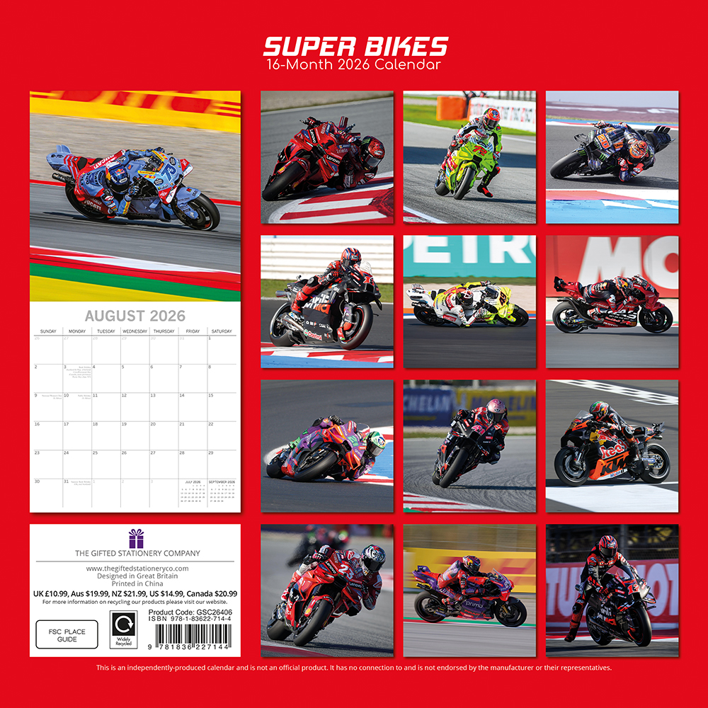 Gifted Stationery Calendar Super Bikes 2027