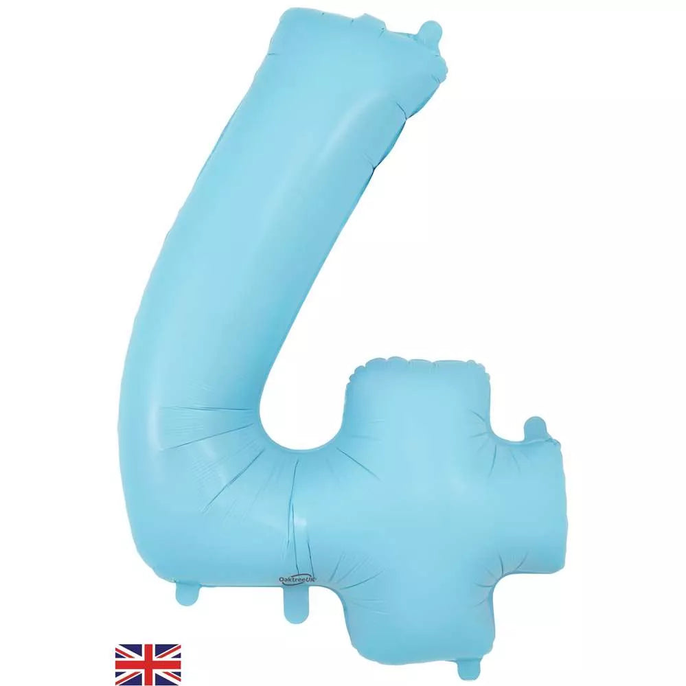 Oaktree matte blue foil balloon shaped as the number 4, 34 inches tall, with a shiny, reflective surface.