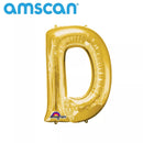 Gold 16-inch Anagram foil letter D balloon, shiny metallic finish, perfect for celebrations and party decorations.