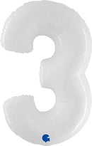 Shiny white 40-inch Grabo foil number 3 balloon, reflective and metallic for celebrations and special events.