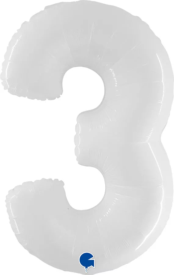 Shiny white 40-inch Grabo foil number 3 balloon, reflective and metallic for celebrations and special events.