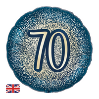 Age 70 metallic navy and gold foil balloon by Oaktree, 18-inch celebratory balloon with glittery finish and festive design.