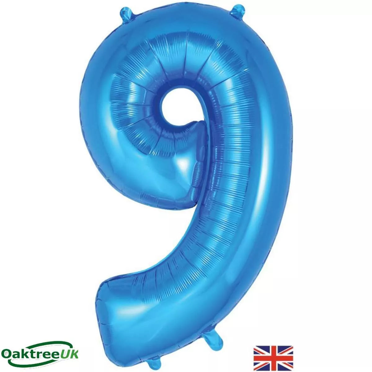 Blue Oaktree foil balloon shaped as the number 9, measuring 34 inches, perfect for celebrations and events.