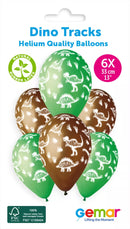 Six Gemar Dino Tracks 13-inch latex printed balloons featuring colorful dinosaur footprints on a white background.
