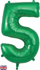 Green Oaktree foil balloon shaped as the number 5, 34 inches tall, festive party decoration.