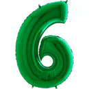 Green 40-inch Grabo foil number 6 balloon inflated and floating, featuring shiny metallic surface and bold numeral design.