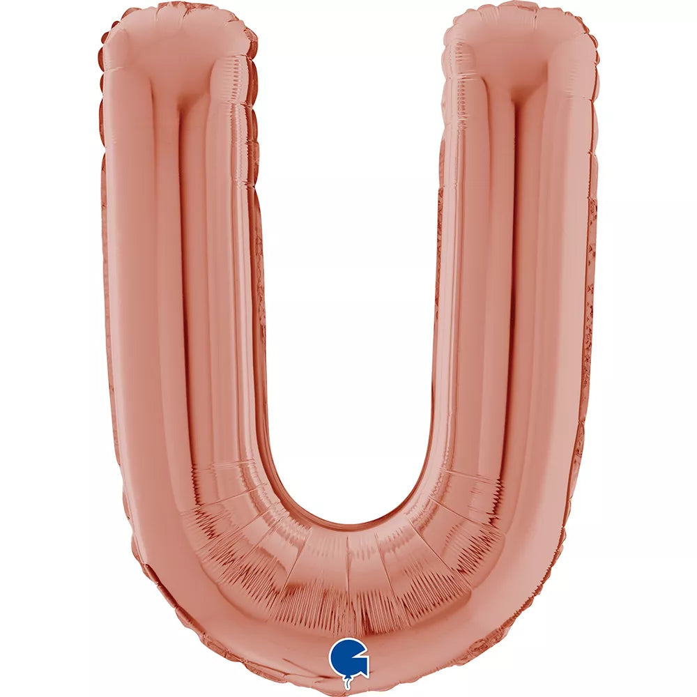 Grabo 26-inch rose gold foil letter U balloon for celebrations, featuring shiny metallic finish and letter U shape.