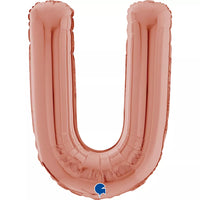 Grabo 26-inch rose gold foil letter U balloon for celebrations, featuring shiny metallic finish and letter U shape.